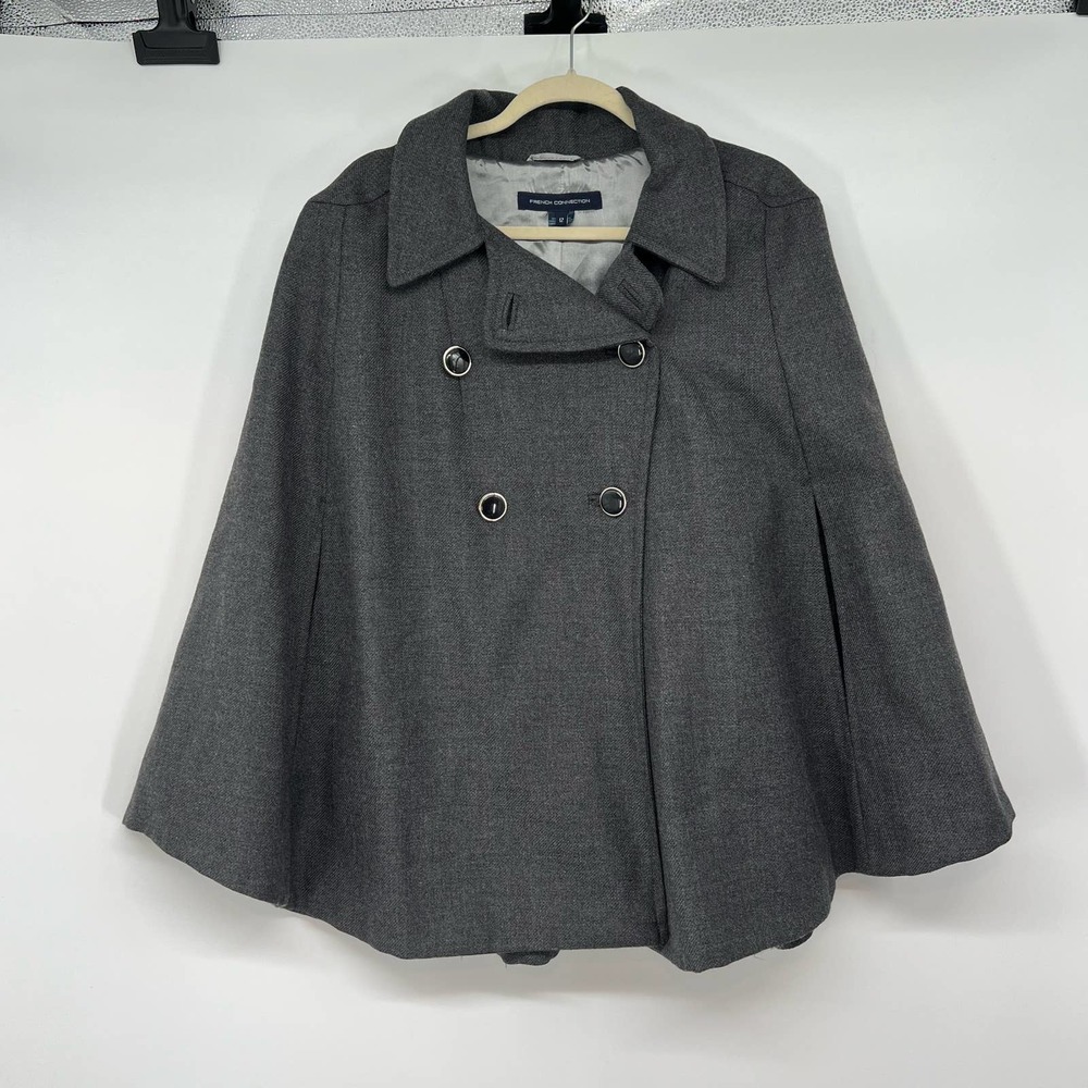 French Connection Wool Cape Coat Women's Size 12 Gray Lined Double Breasted